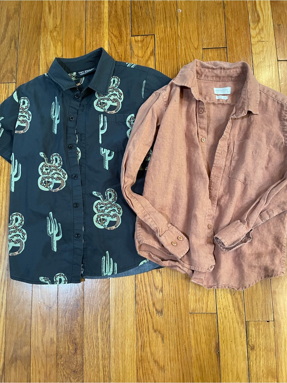 Tiny Whales and Linen Button-Up Shirts - Black Snake Print & Dusty Rose Linen